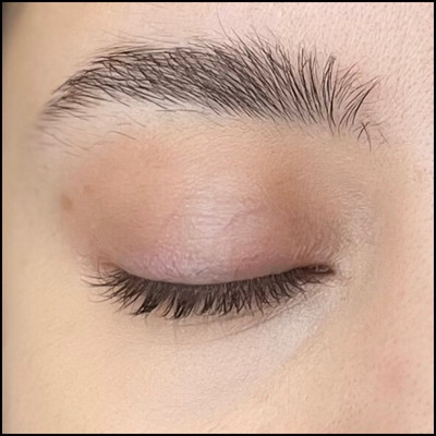 Close-up of natural, unplucked eyebrows with stray hairs and no product applied, showing the starting point before grooming