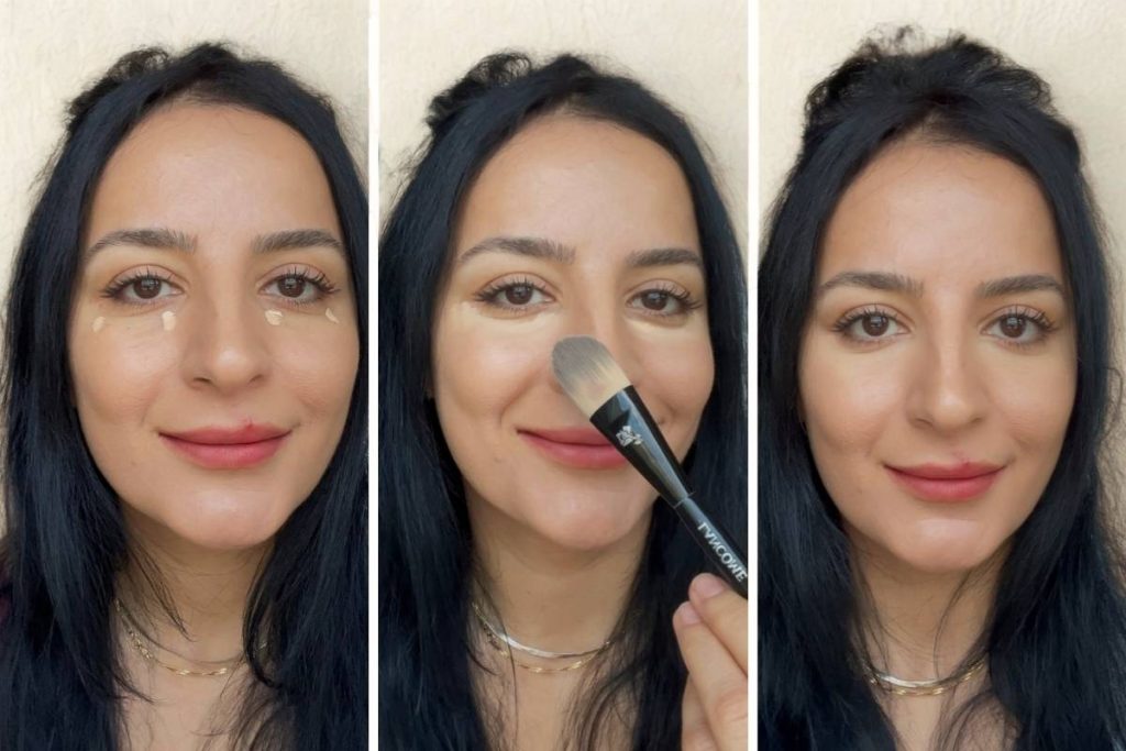3-step visual guide showing how to apply concealer under the eyes
