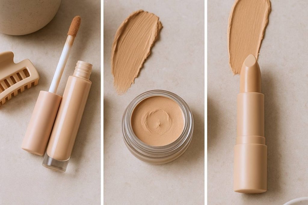 Types of Concealer - Flat lay showing stick, cream, and liquid concealers
